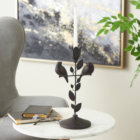 13.75" Black Bird Perching Decorative Sculpture with Leaf Vine & Copper Shading